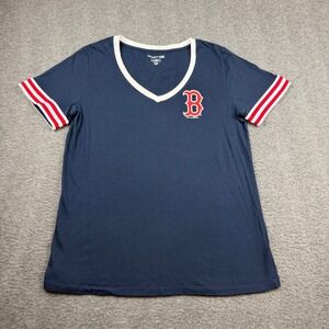 5th & Ocean Boston Red Sox MLB V-Neck T-Shirt Navy Blue Ringer Sleeve Womens XL